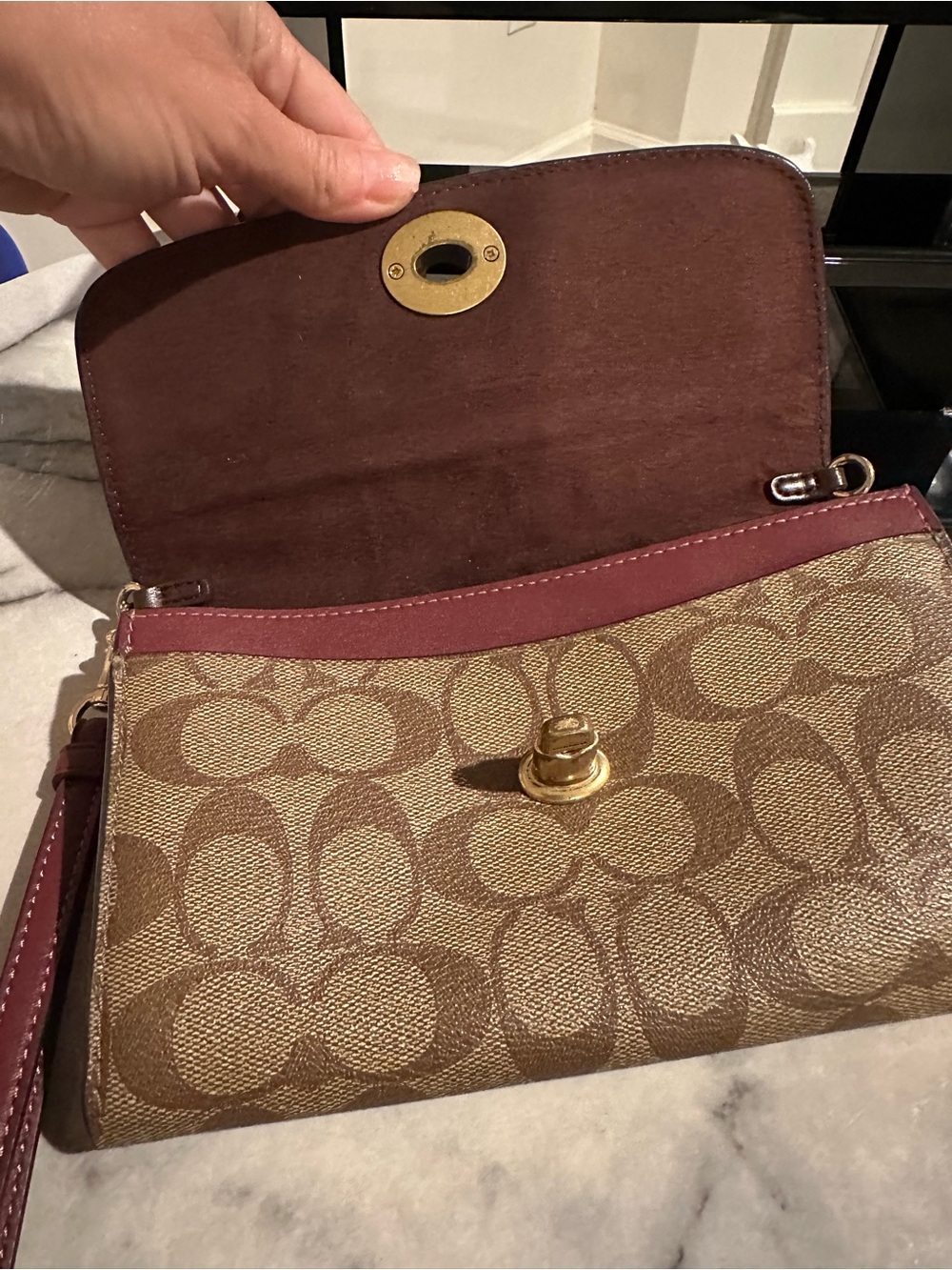 Coach Brown Signature Monogram Clutch with Burgundy Trim - Picture 6 of 16